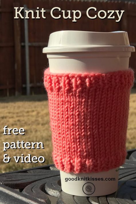 Basic Knit Cup Cozy free knitting pattern and tutorial video. Makes a great gift you can easily embellish and personalize. https://www.goodknitkisses.com/basic-knit-cup-cozy-needle/ #knit #knitting #howtoknit #knitpattern #knittingvideo #cupcozy Knit Coffee Cozy Pattern, Cup Cozy Knitting Pattern, Knit Cup Cozy, Knit Coffee Cozy, Coffee Cozy Pattern, Mug Cozy Pattern, Easy Knit Hat, Cup Cozy Pattern, Coffee Cup Cozy