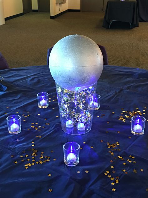 Fly Me To The Moon Prom Theme, Galaxy Prom Theme, Space Theme Table Decorations, Space Table Centerpieces, Space Prom Theme, Galaxy Centerpiece Ideas, Space Theme Centerpiece Ideas, Space Centerpiece Ideas, Starry Night Prom