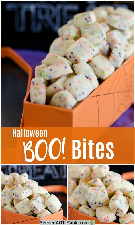 These tiny Halloween shortbread cookies come together very quickly for festive little munchies everybody will love!  A fun alternative to cut-out Halloween sugar cookies, these BOO! Bites are a perfect Halloween teacher gift. Quick And Easy Halloween Desserts, Halloween Shortbread Cookies, Easy Halloween Dessert Ideas, Halloween Sugar Cookies Decorated Easy, Halloween Baking Ideas Desserts, Diy Halloween Cookies, Halloween Dessert Ideas For Parties, Halloween Cookies For Kids, Halloween Shortbread