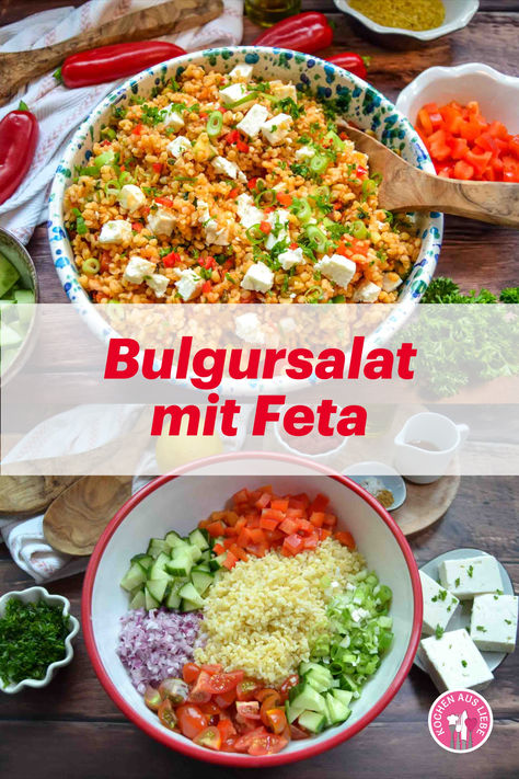 Das leckere schnelle Bulgursalat Rezept mit Feta musst du unbedingt probieren. Der einfache türkische Bulgursalat (Kisir) wird mit Bulgur und viel Gemüse zubereitet. In den leckeren Sommersalat kommt Paprika, Gurke, Tomate, rote Zwiebel und Lauchzwiebeln. Das frische Dressing wird mit Zitrone, Olivenöl, Minze und Petersilie zubereitet und so richtig schön würzig wird der frische orientalische Salat. #bulgursalat Grilled Chicken Skewers, Bulgur Salad, Feta Salat, Feta Recipes, Outdoor Food, Chicken Skewers, Fresh Vegetables, Summer Salads, Couscous