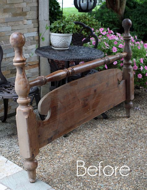 Roadside Footboard Repurposed | Confessions of a Serial Do-it-Yourselfer Repurpose Old Headboard And Footboard, Repurposed Wood Bed Frame, Bed Frame Repurpose Ideas, Uses For Old Headboards, Repurposed Footboard Ideas, Repurpose Bed Posts, Repurposed Headboard And Footboard, Bed Footboard Ideas, Repurposed Bed Frames Wood