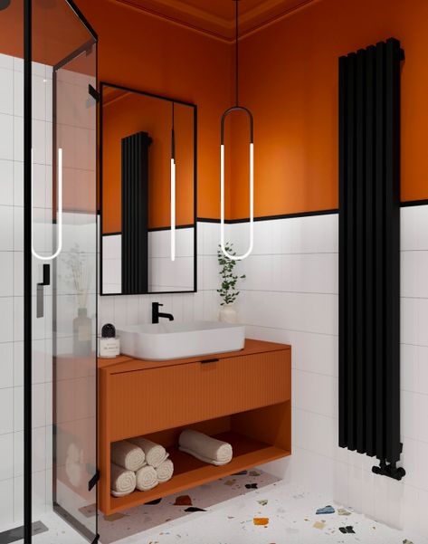 Coloured Ceiling Bathroom, Colored Ceiling Bathroom, Post Modern Bathroom, Orange Bathroom Walls, Orange Toilet, Toilet Makeover, Mid Modern House, Wallpaper Decor Ideas, Wallpaper Design Ideas