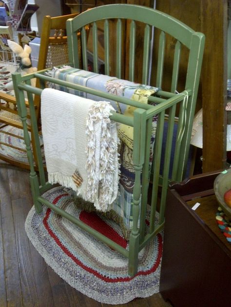 An excellent reason to keep a sentimental piece. Use an old baby crib as a quilt rack. Old Baby Cribs, Old Cribs, Quilt Display, Quilt Rack, Quilt Storage, Repurposed Items, Refurbished Furniture, Baby Crib, Recycled Furniture