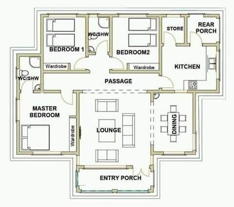 Mini House Plans, Bungalow House Floor Plans, Modern Bungalow House Plans, Small Modern House Plans, Three Bedroom House Plan, Bungalow Style House, Pelan Rumah, Bungalow Floor Plans, Bungalow Style House Plans