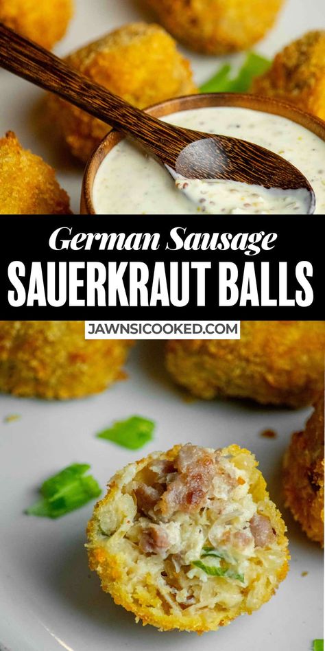 Brat Appetizer Recipes, German Bratwurst And Sauerkraut, German Sauerkraut Balls, Sauerkraut Sausage Balls, German Food Appetizers, German Inspired Appetizers, Foods With Sauerkraut, German Dinner Recipes Oktoberfest, Saurkraut Recipes Appetizers