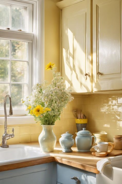 Bright kitchen with yellow walls, blue cabinets, and a vase of yellow and white flowers on the countertop next to ceramic jars and a coffee cup. Yellow And White House, Yellow Home Aesthetic, Cheerful Kitchen Ideas, Yellow Walls Green Cabinets, Yellow And Wood Kitchen, Golden Hour Kitchen, Grandma Kitchen Aesthetic, Small Kitchen Wall Colors, Yellow Wall Kitchen