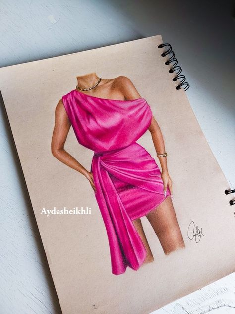 Illustration of pink dress with color pencils Satin Dress Sketch, Satin Dress Drawing, Pencil Fashion Illustration, Satin Illustration, Sketch Dress, Combination Dresses, Pink Color Combination, Fashion Illustration Collage, Fashion Design Books