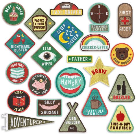 This set of five iron on Embroidered Merit Patch Set For Super Dads are a lighthearted way to celebrate some of those 'fatherhood' moments. Does he remember being a Cub or Scout? Well, these should bring back some memories but with a twist! Being a dad is not always easy - but we are in it together. Recognise all those fatherly responsibilities, and daily chores, and much needed pick-me-ups, by awarding these alternative merit badges. Choose five iron on embroidered patches to make up your set. Merit Badges For Adults, Patch Design Ideas, Camp Badges, Girl Scout Patches, Girl Scout Badges, Scout Badges, Backpack Patches, Merit Badge, Girl Scout Troop