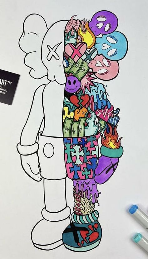 Cool Kaws Drawings, Kaws Graffiti Art, Hype Beast Drawing, Kaws Doodles, Cartoon Graffiti Art, Kaws Art Paintings, Grafitti Art Ideas Inspiration, Kaws Tattoo Design, Kaws Artwork