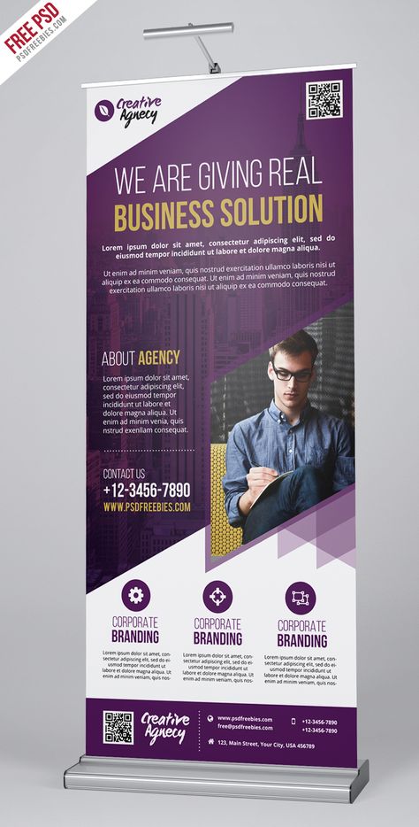 Free PSD : Creative Agency Roll-Up Banner PSD Template on Behance Standee Design Creative, Business Backdrop, Retractable Banner Design, Rollup Design, Standing Banner Design, Rollup Banner Design, Roll Banner, Roller Banner, Banner Design Layout