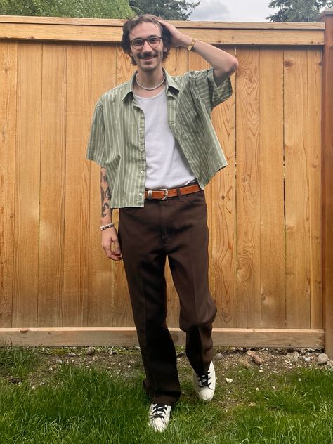 Green Pants Man Outfit, Button Up Outfits For Men, Painters Pants Outfit Men, Spring Picnic Outfit Men, Mens Summer Outfits Vintage, Mens Outfits Button Up, Sage Green Mens Outfit, Cottagecore Outfits Men Summer, Men’s Fashion Midsize