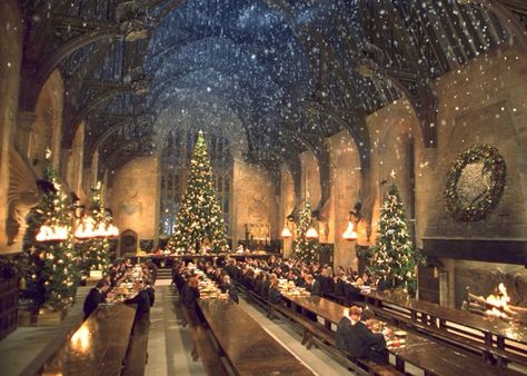 The first Harry Potter movie has a terrific Christmas scene. Here's the Great Hall of Hogwarts. The ceiling is enchanted to mimic a snow storm but the snow never touches the tables or the floor. Hogwarts Style, Harry Potter Weihnachten, Štědrý Den, Hogwarts Great Hall, Film Harry Potter, Hogwarts Christmas, Tapeta Harry Potter, Baz Luhrmann, Yule Ball