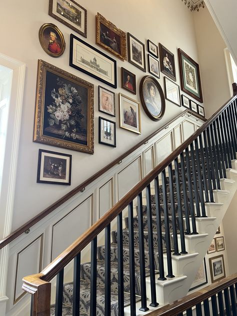 Staircase Wall Collage, Hall Stairs And Landing Pictures, Tall Stair Wall Decor, Wall Art For Staircase, Vintage Gallery Wall Staircase, Small Staircase Wall Decor, Gallery Wall Above Wainscoting, How To Display Family Heirlooms, Gallery Wall Going Up Stairs