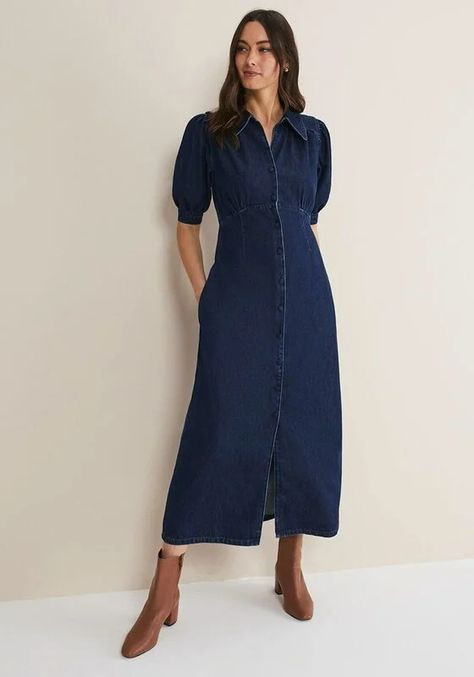 The New Collection To Know Now | SheerLuxe Denim Midi Dress, Dapper Style, Midaxi Dress, Dark Indigo, Dress Shapes, Phase Eight, Brown Leather Boots, Lovely Dresses, Tea Dress