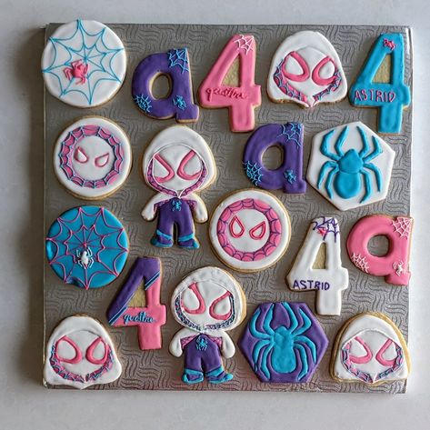 Ghost Spider Cake Pops, Ghost Spider 3rd Birthday, Ghost Spider Party Favors, Gwen Spiderman Birthday Party, Gwen Spidey Party, Ghost Spider Birthday Party Food, Girl Spidey Birthday Party, Girl Spider Man Birthday Party, Spidey Girls Party