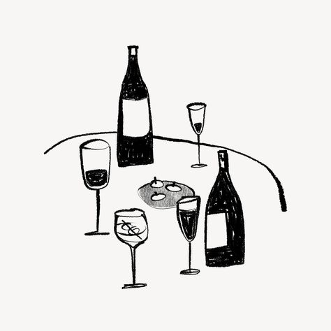 Wine, champagne glasses, drinks doodle | premium image by rawpixel.com / Techi Drinks Doodle, Bottle Doodle, Wine Bottle Illustration, Wine Glass Illustration, Wine Illustration, Wine Logo, Butterworth, Wine Party, Congrats Card