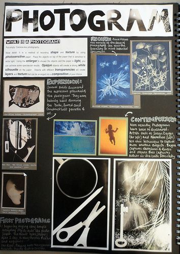 Documenting and exploring the photogram in this Photography sketchbook. Photography Sketchbook, Sketchbook Layout, A Level Photography, Photography Journal, Gcse Art Sketchbook, A Level Art Sketchbook, Gcse Art, Sketchbook Pages, A Level Art