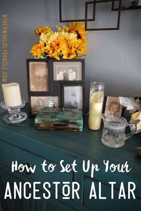 How to set up your own ancestor altar - a step-by-step tutorial + how to maintain it! Ancestral Altar Ideas, Pagan Altar Set Up, Room Cleansing Ritual, Memorial Shrine Ideas, How To Set Up An Altar, Crystal Altar Sacred Space, Witch Altar Inspiration, Spiritual Altar Ideas, Ancestors Altar