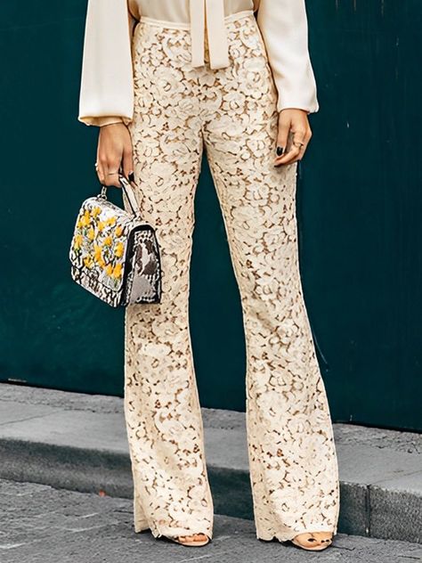 Come to Stylewe to buy Fashion Pants at a discounted price, SPU: 11HFA842AE7, Color: Apricot, Activity:Commuting, Silhouette:H-Line. How To Wear Ankle Boots, Lace Pants, Beige Pants, Plain Blouse, Fit Fashion, Fashion Catalogue, Floral Pants, Type Of Pants, High Waisted Trousers