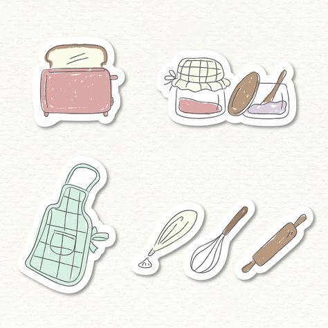 Cookery Notebook Design, Cookery Design Aesthetic, Cooking Stickers Printable, Chef Drawing, Doodle Sticker, Food Sticker, Childrens Kitchens, Basic Kitchen, Drawing Journal