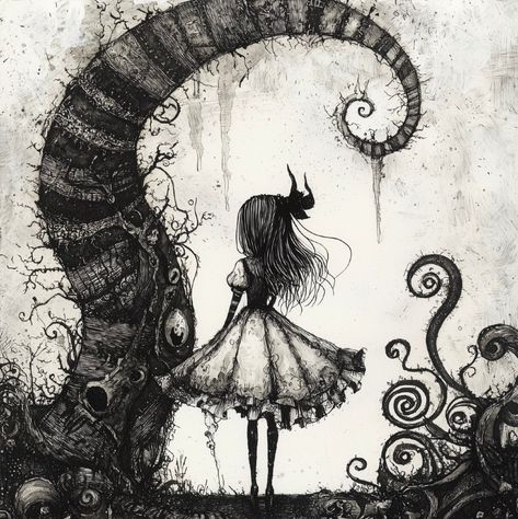 Alice In Gothland 🖤  #goth #gothart #art #fantasy #kunst #mycreation Cute But Creepy Art, Gothic Art Inspiration, Alice In Wonderland Tim Burton Aesthetic, Drawing Ideas Goth, Dark Alice In Wonderland Art, Goth Art Style, Gothic Realism, Goth Art Drawing, Horrific Art