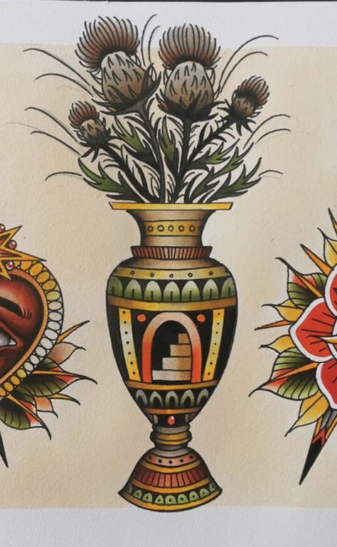 Traditional Jar Tattoo, American Traditional Flower Pot Tattoo, American Traditional Potted Plant Tattoo, American Traditional Flower Vase Tattoo, Traditional Vase Tattoo Design, American Traditional Vase Tattoo, Vase Tattoo Traditional, Amphora Tattoo, Traditional Vase Tattoos