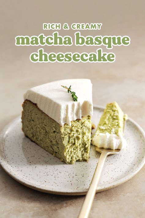 Matcha Basque Cheesecake, Matcha Cheesecake Recipe, Creme Brulee Cake, Burnt Cheese, Green Tea Cheesecake, Basque Cake, Light Cheesecake, Burnt Cheesecake, Gf Sweets