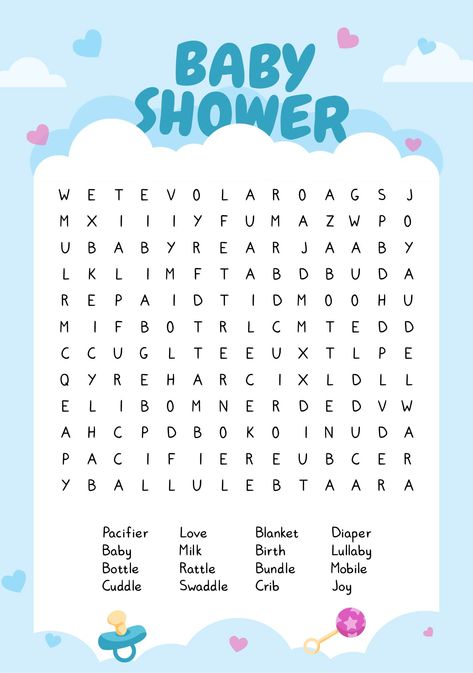 Babyshower Ideas Baby Boy, Baby Shower Crossword Puzzle, Gender Reveal Free Printables, Baby Shower Word Scramble Printable Free, Valentines Baby Shower Ideas Boy, Baby Shower Games Free Printables, Love Word Search, Baby Shower Games For Boys, Baby Shower Scramble