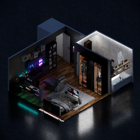 Dark theme Bedroom ♠️ Room size : 5.5x5.25 meters Project Location : Kuwait 🇰🇼 2024 @dopegamingsetup For design Enquiries visit the link in Bio ! #3Droom #gamingsetups #setupinspiration #setups #cleansetups #desksetup #setupgamer #darktheme #gamingroom #gamingroomdesign #darkbedroom #gamer #bedroomdesign #gamingbedroom Dark Themed Room, Gamer Apartment, Dark Theme Bedroom, Dark Room Ideas, Gaming Living Room, Gaming Room Design, Gaming Bedroom Ideas, Gaming Bedroom, Gamer Bedroom