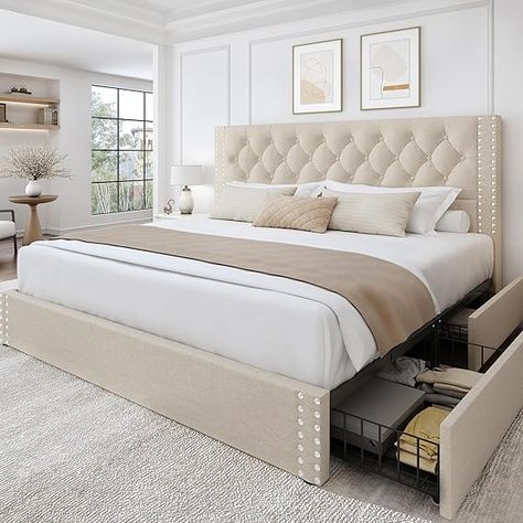 King Size Platform Bed Frame with 4 Storage Drawers and Headboard Linen Upholstered Bed Frame Tufted Beds with Wood Slats Support, Easy Assembly, Noise-Free, Beige

#homedesign #homedecor #housedesign #housedecor #room #roomdecor #roomdesign #interior #design #home #house #furniture #decor #bedroom #kitchen #livingroom Master Bed With Storage Underneath, Neutral Bedroom Furniture Sets, Bedroom Sets Furniture Queen Luxe, Bedroom Set With Storage, Queen Bed With Drawers Underneath, Master Bed Frames, Tufted King Bed Master Bedrooms, Amazon Queen Bed Frame, Trendy Bed Frames