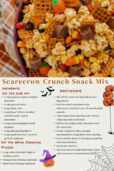 Scarecrow Crunch, Recipes For Halloween, Fall Snack Mixes, Snack Mix Recipe, Halloween Snack Mix, Halloween Snack, Orange Food Coloring, Chex Mix Recipes, Pumpkin Recipe