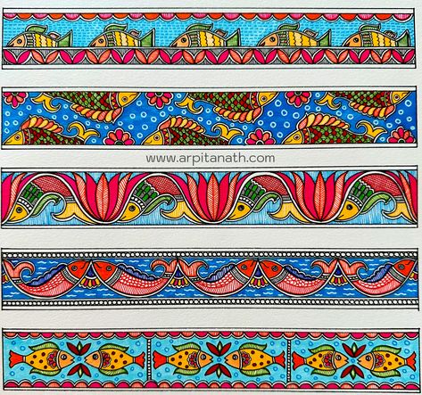 Madhubani Fish Borders - Soulful Art by Arpita Border Madhubani Painting, Madhubani Photo Frame, Madhubani Art Borders, Madhubani Painting Motifs, Madhubani Designs Pattern, Mithila Painting Border Design, Folk Art Border Design, Madhubani Painting Border Design, Madhubani Borders Patterns