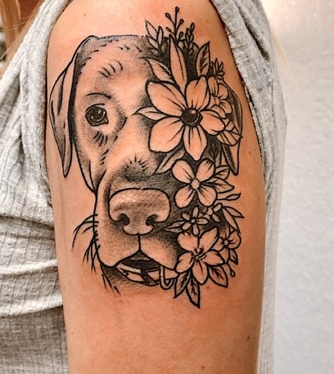 #tattoo #personalized #dogs #labradorretriever #chocolatelab #flowers #custom #tattooideas Dog Face Flower Tattoo, Half Sleeve Dog Tattoos For Women, Dog Portrait Tattoo With Flowers, Dog Themed Tattoo Sleeve, Dog Daisy Tattoo, Half Dog Half Flower Tattoo, Dog Pawprint Tattoo With Flowers, Daisy Dog Tattoo, Dog Floral Tattoo