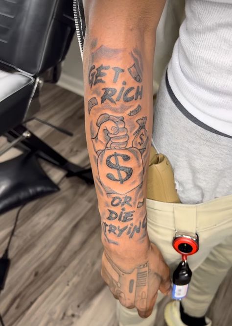 Tattoo Sleeve Men Upper Arm, Chase The Bag Tattoo, Nfl Never Forget Loyalty Tattoo, Half Sleeve Tattoos Black Mens Arm, Money Quotes Tattoos, Hand Connected To Arm Tattoo, Half Sleeve Tattoos For Black Guys, Tattoo Ideas Black Male, Otf Tattoo Men