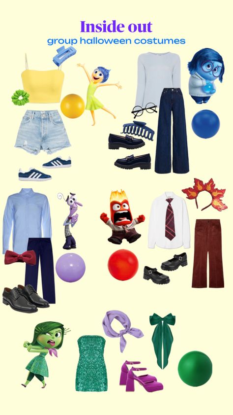 #halloween #insideout #disney #5 #groupoffive Disney Or Pixar Costumes, Disney Character Halloween Costumes, Disney Characters Halloween Costumes, Disney Group Costumes, Pixar Costume, Maquillaje Aesthetic, Disney Sidekicks, Character Halloween Costumes, Group Of Five