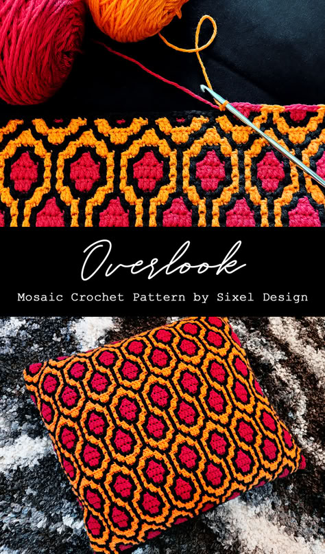 This geometric pattern was inspired by the iconic carpet from "The Shining". Includes charts for creating a standard 2-color and 3-color mosaic/tapestry crochet pattern, with instructions for a placemat and pillow. Charts can be used to create anything from rugs to scarves, blankets, sweaters, hats and more.  #mosaiccrochet #crochetpattern #theshining #overlookhotel #retropattern #geometricdesign #horrorcrochet #gothcrochet #sixeldesign The Shining Carpet Crochet Pattern, The Shining Crochet Blanket, The Shining Crochet Pattern, Shining Crochet Blanket, Geometric Crochet Blanket Pattern, Tapestry Crochet Cushion, Crochet Color Inspiration, Crochet Mosaic Hat, Tapestry Crochet How To