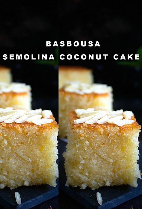 BASBOUSA | SEMOLINA COCONUT CAKE Basbousa Recipe, Semolina Cake Recipe, Semolina Recipe, Arabic Sweets Recipes, Arabic Desserts, Arabic Dessert, Semolina Cake, Middle Eastern Desserts, Coconut Cake Recipe