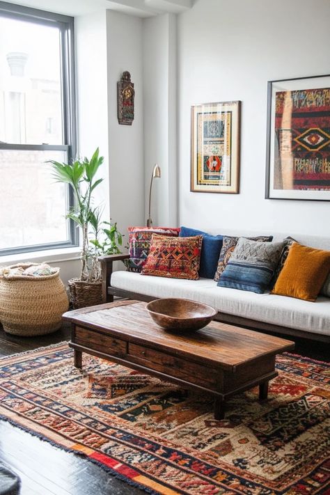 "Elevate your home with the charm of an Eclectic Decor Mix! 🌈🛋️ Perfect for creating a lively, dynamic environment. 🌟✨ #CreativeHome #EclecticLiving #InteriorInspo" Eclectic Southwestern Interior Design, Modern Bohemian Apartment, Southwestern Midcentury Modern, Small Boho Home, Eclectic Scandinavian Decor, Minimalist Eclectic Home, Mexican Interior Design Living Room, Eclectic Traditional Living Room, Eclectic Minimalist Decor