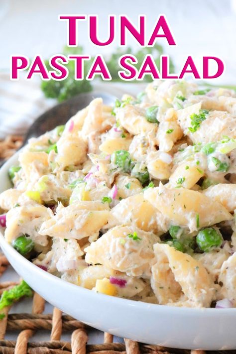 This Tuna Pasta Salad is a classic American potluck staple, and it's just as easy as it is delicious! Made with canned Albacore tuna, peas, pasta shells, and dill with a creamy mayonnaise dressing that cannot be beaten. Perfect for quick-fix lunches, picnics, and any summer gathering! #tunapastasalad #pastasalad #sidedish #pasta #tuna #potluck Peas Pasta, Pasta Tuna, Tuna Pasta Salad Recipes, Mayonnaise Dressing, Tuna Pasta Salad, What Is Healthy Food, Tuna Salad Pasta, Healthy Food Habits, Healthy Food Menu