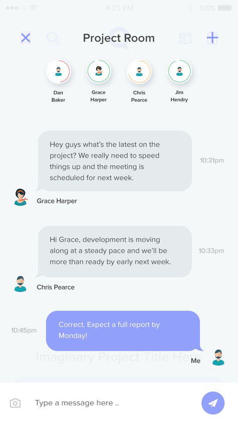 I've got two internal screens for you today for the Project Management tool on iOS.  We have a Chat Room screen which is nested inside & unique to each project, showing a scrolling row of curre... Ui Design Tutorial, Mobile Design Inspiration, Gui Design, Ui Components, Mobile Ui Design, Room Screen, Ios Design, App Interface, Ui Design Inspiration