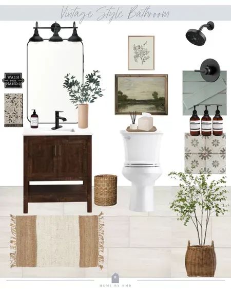 Rustic Bathroom Mood Board, Bathroom Interior Design Mood Board, Vintage Interior Design Bathroom, Cottage Bathroom Mood Board, Transitional Bathroom Mood Board, Vintage Guest Bathroom Decor, Spa Bathroom Mood Board, Vintage Bathroom Mood Board, Half Bath Mood Board