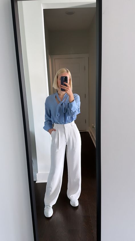 Blue Pants Outfit, Comfy Work Outfit, Semi Formal Outfit, White Pants Outfit, Blue Shirt Women, Light Blue Blouse, Neutral Outfits, Style Moodboard, Shirt Outfits