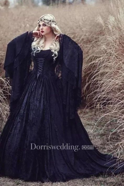 Find amazing Gothic Wedding Gowns #GothicWeddingDresses #GothicWeddingGowns #GothicWedding #GothicWeddingIdeas Viking Wedding Dress, Gothic Wedding Dresses, Goth Wedding Dresses, Medieval Wedding Dress, Black Lace Wedding Dress, Black Wedding Dress Gothic, Lace Princess Wedding Dresses, Black Lace Wedding, Sweep Train Wedding Dress