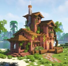 Minecraft Jungle House, Minecraft Brick, Minecraft Mountain House, Minecraft Mountain, Minecraft House Plans, Bangunan Minecraft, Jungle House, Minecraft Farm, Minecraft Cottage