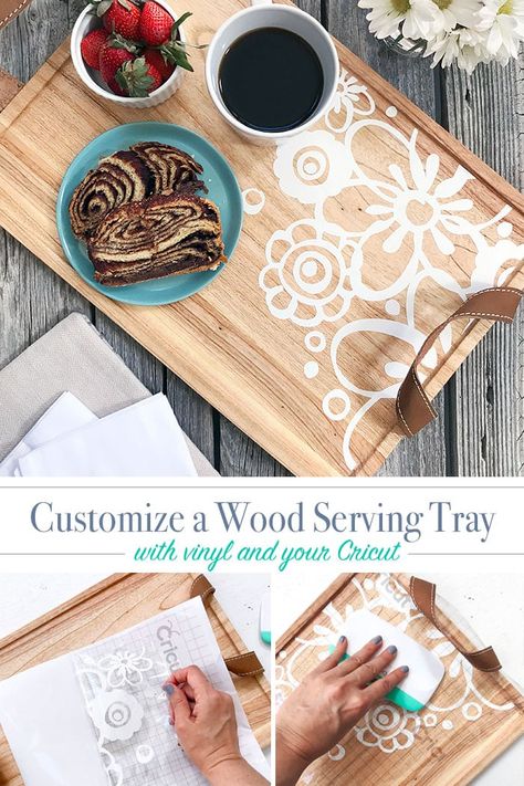 Customize a wood serving tray with vinyl and your Cricut - design by Jen Goode #cricutmade #jengoodeart #diydecor #partyideas #floralart #vinyl Wood Box Diy, Wood Serving Trays, Diy Vinyl Projects, Diy Serving Tray, Small Wood Box, Serving Tray Decor, Wood Serving Tray, Diy Crafts For Adults, Quick Diy