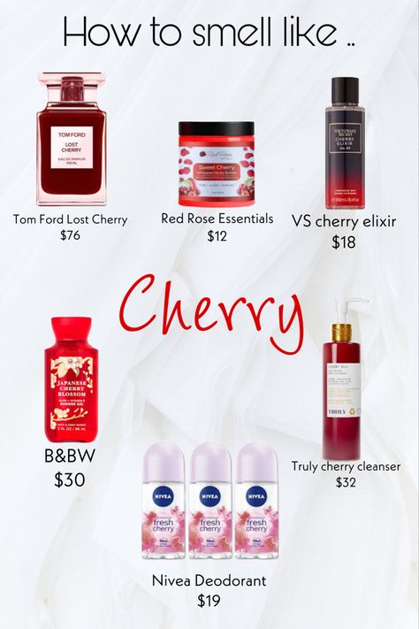 Perfumes That Smell Like Cherry, Best Cherry Perfumes, How To Smell Like Cherry Almond, Cherry Products Aesthetic, Cherry Scented Perfume, Cherry Perfume Fragrance, Smell Like Cherries, Cherry Scented Shower Routine, Cherry Scent Combo