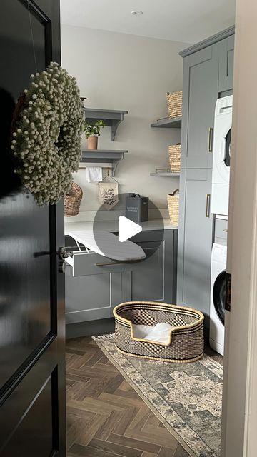 Trina Staunton | INTERIORS | HOME HACKS | AMAZON FINDS on Instagram: "Morning guys! 😘

Just my top tips for a super functional utility room and a quick reel on No.3 🤗 ⬇️

1. Dark cabinets and floors to hide a multitude of sins

2. Stacked appliances and pull out shelves for our poor backs 😂🐫

3. Pull out ironing board for easy access 

4. Laundry chute to save time 

5. A tall cabinet for mops/hoovers/brushes 

6. Built-in bin for your recyclables 

Have a lovely Friday! Xx

#laundryroom #laundryroomgoals #utilityroom #utilityroominspo #utilityroomideas #pulloutironingboard #greycabinets #myhousethismonth #inspiremehomedecor #myhousebeautiful #myhometrend #momblogger #mumlife #homehacks #whitecountertops #irishblogger #irishhome #myhomevibes #brasshardware #housereels" Pull Out Ironing Board, Pull Out Shelves, Wood Effect Tiles, Herringbone Floor, Ikea Home, Inspire Me Home Decor, White Countertops, Dark Cabinets, Grey Cabinets