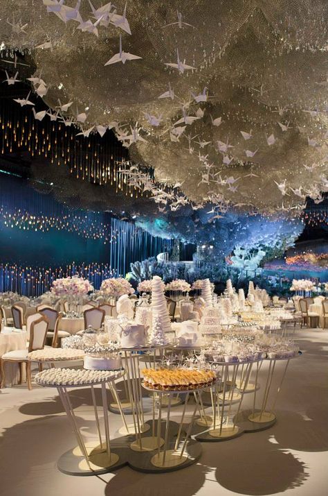 Unbelievable Wedding Sky Composed of Thousands of Light Sticks, Swarovski Crystals and Paper Cranes - My Modern Met Dessert Station Wedding, Wedding Reception Lighting, Wedding Reception Design, Paper Cranes, Lucid Dream, Ethereal Wedding, Reception Design, Wedding Set Up, Wedding Hall