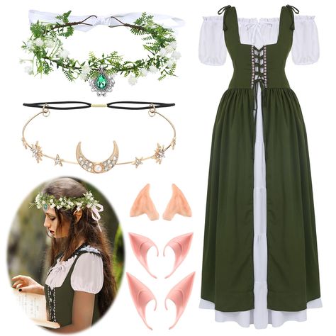 PRICES MAY VARY. Authentic Renaissance Costume Set: transform into a renaissance beauty with our traditional viking dress, complete with elegant bell sleeves and a corset style bodice; The set also includes three different styles of elf ears, a vintage moon forehead chain, and a woodland flower crown headband for a touch of enchantment Quality Material: crafted from a durable blend of polyester and spandex, our medieval fairy costume set is soft and comfortable to wear; The adjustable strap ensu Maiden Halloween Costume, Green Fairy Ren Faire, Renfest Costume Women Fairy, Ren Faire Elf Costume, Cute Fairy Halloween Costumes, Female Elf Costume, Fae Halloween Costumes, Elf Costume Aesthetic, Cottage Core Costume