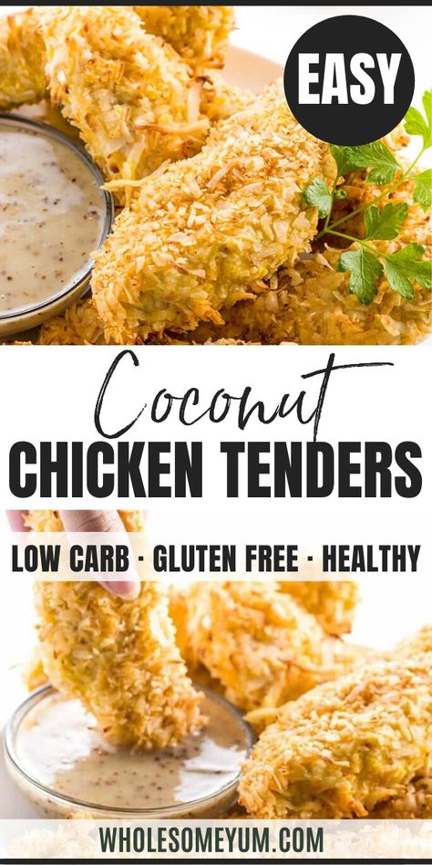 Paleo Coconut Chicken, Coconut Chicken Recipe, Coconut Chicken Tenders, Coconut Crusted Chicken, Tartiflette Recipe, Baked Coconut, Low Carb Easy, Paleo Low Carb, Coconut Chicken